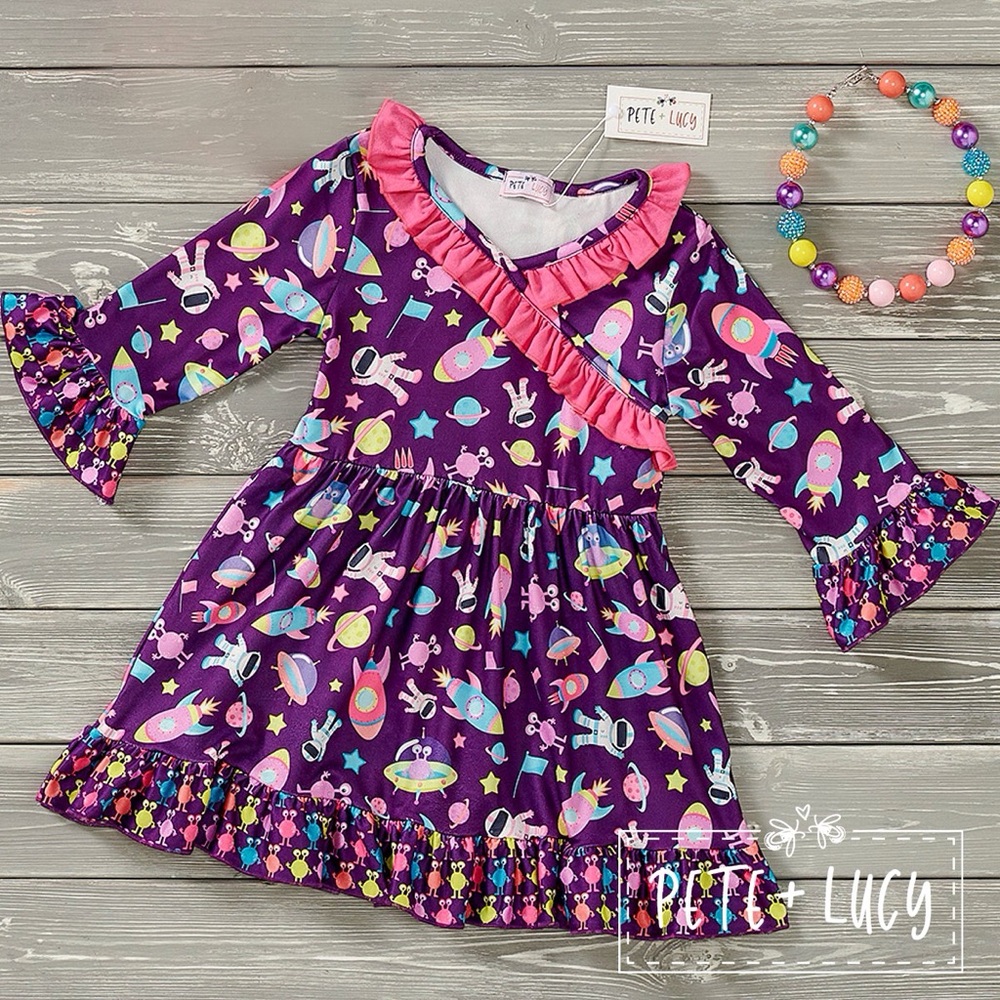 Purple Space-Themed Dress with Ruffle Details